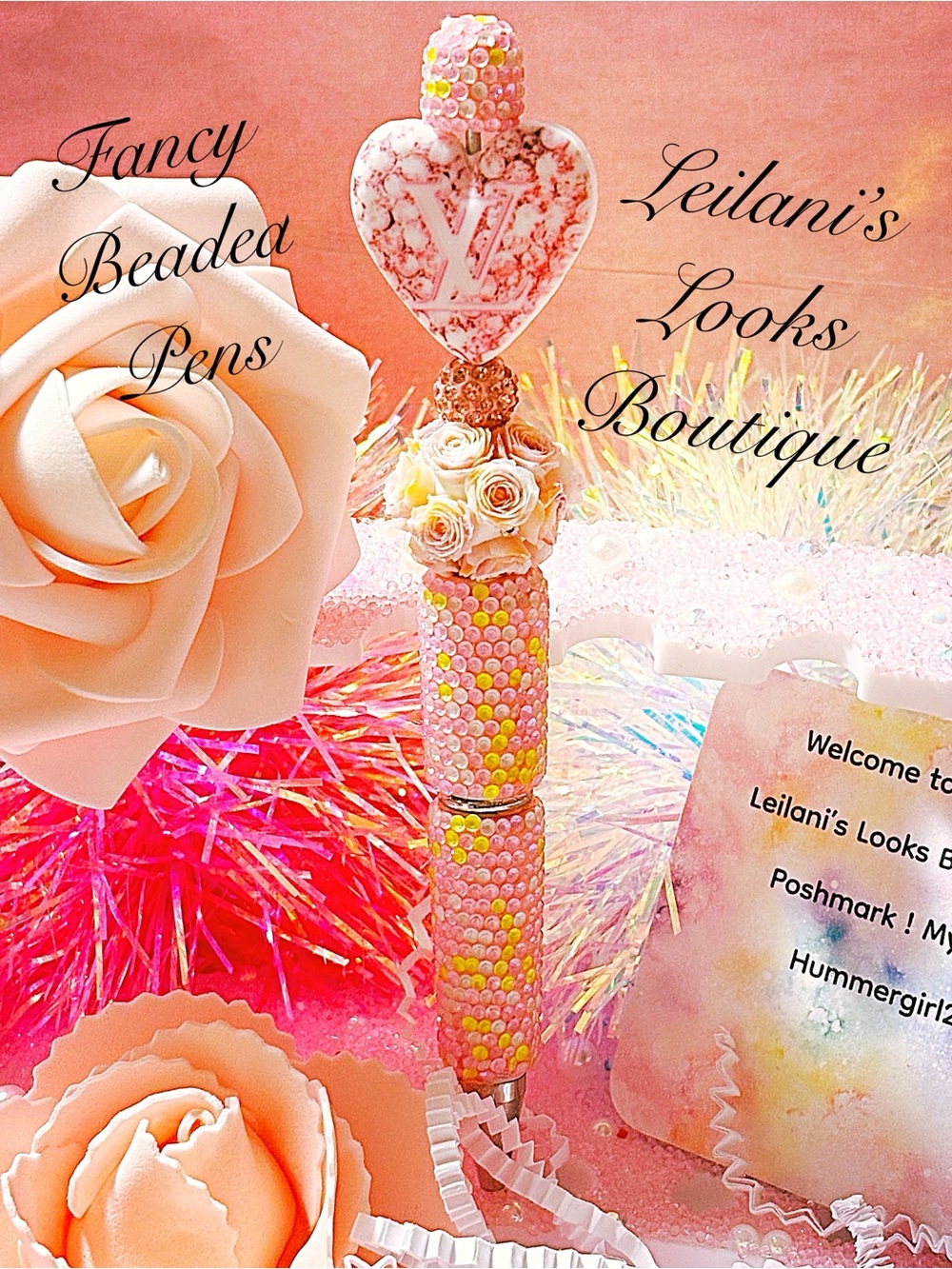 Leilani's Fancy Beaded Pink Heart Pen/ Fancy beaded Pen/gifts/pink heart/flowers